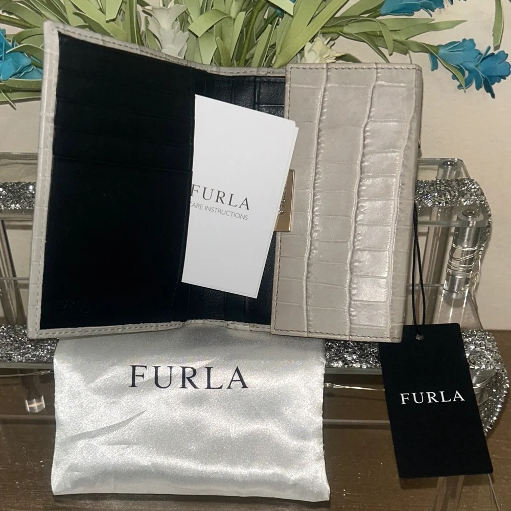 FURLA Light Gray Croc-Embossed Wallet With Dust Bag NWT